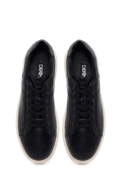 Erkek Siyah Bağcıklı Kalın Tabanlı Deri Sneaker