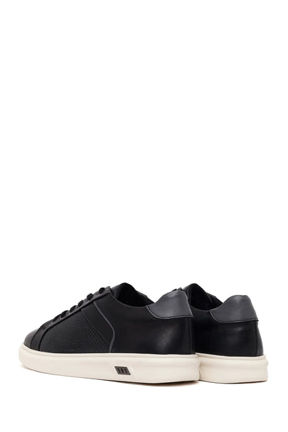 Erkek Siyah Bağcıklı Kalın Tabanlı Deri Sneaker