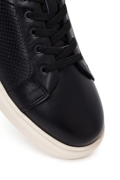 Erkek Siyah Bağcıklı Kalın Tabanlı Deri Sneaker