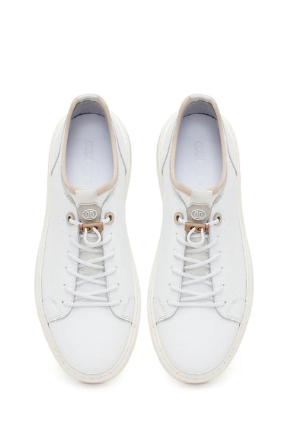 Erkek Beyaz Bağcıklı Kalın Tabanlı Deri Sneaker
