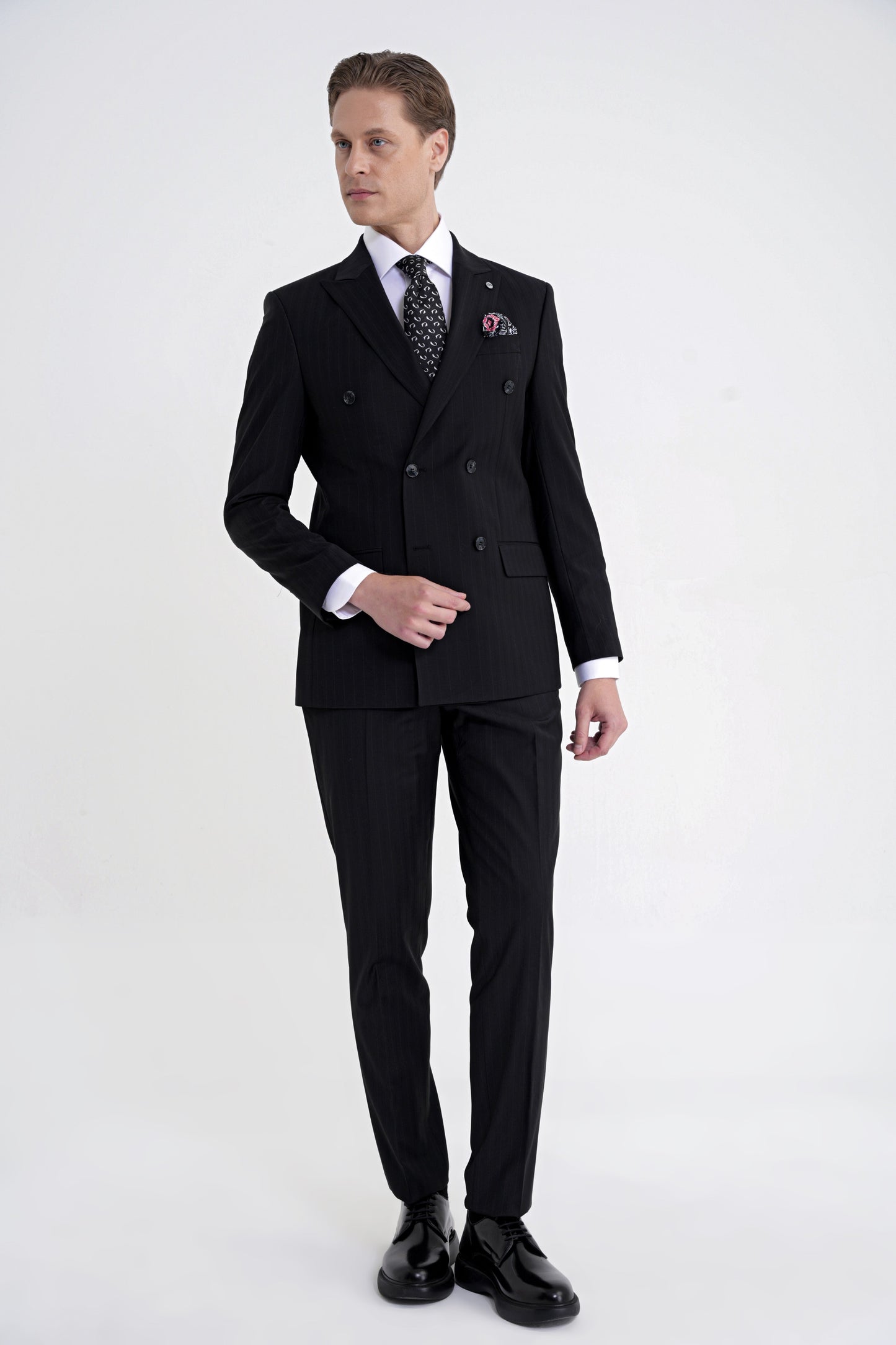 Slim Fit Çift Yırtmaç %95 Pamuk Siyah Çizgili Kruvaze Takım Elbise Tk 945