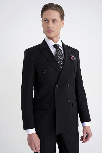 Slim Fit Çift Yırtmaç %95 Pamuk Siyah Çizgili Kruvaze Takım Elbise Tk 945