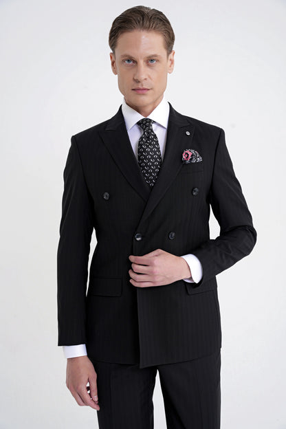Slim Fit Çift Yırtmaç %95 Pamuk Siyah Çizgili Kruvaze Takım Elbise Tk 945