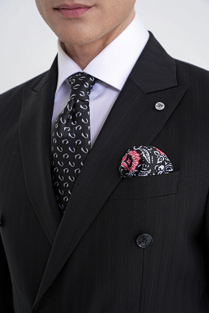 Slim Fit Çift Yırtmaç %95 Pamuk Siyah Çizgili Kruvaze Takım Elbise Tk 945