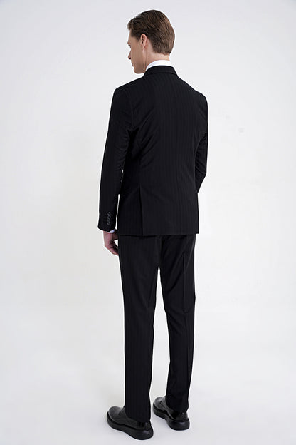 Slim Fit Çift Yırtmaç %95 Pamuk Siyah Çizgili Kruvaze Takım Elbise Tk 945