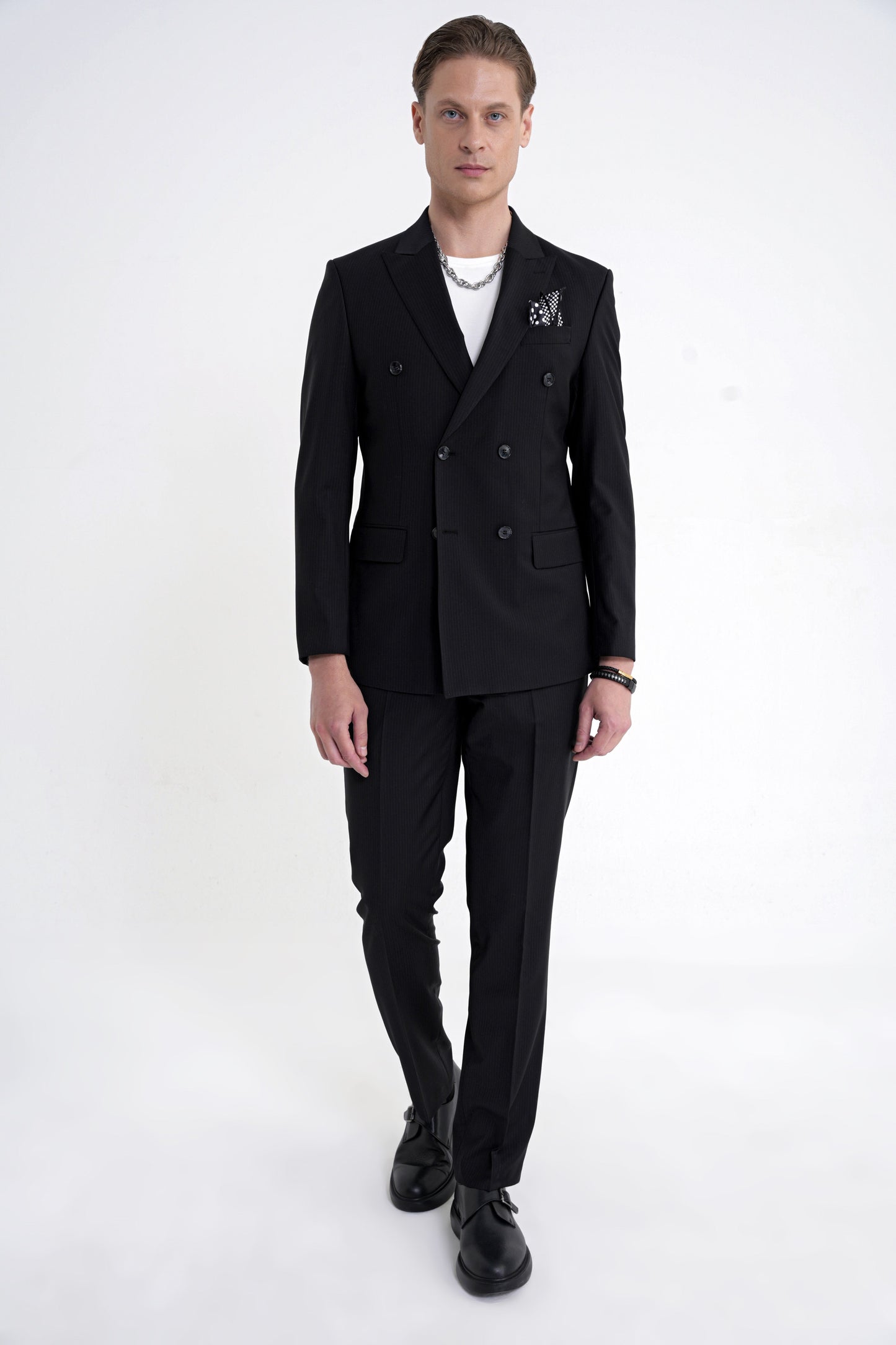Slim Fit Çift Yırtmaç %95 Pamuk Sık Çizgili Siyah Kruvaze Takım Elbise Tk 944
