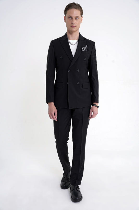 Slim Fit Çift Yırtmaç %95 Pamuk Sık Çizgili Siyah Kruvaze Takım Elbise Tk 944