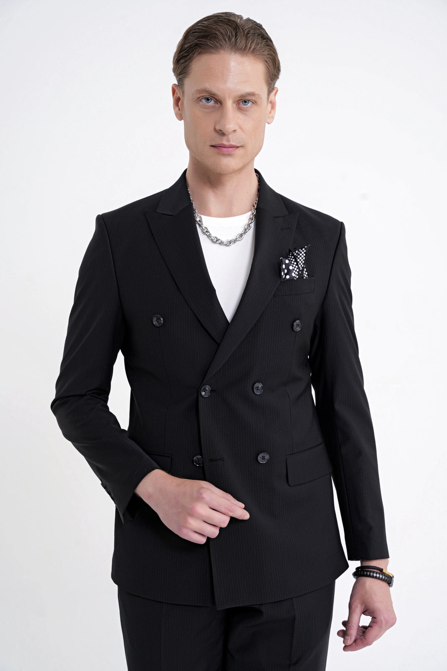 Slim Fit Çift Yırtmaç %95 Pamuk Sık Çizgili Siyah Kruvaze Takım Elbise Tk 944