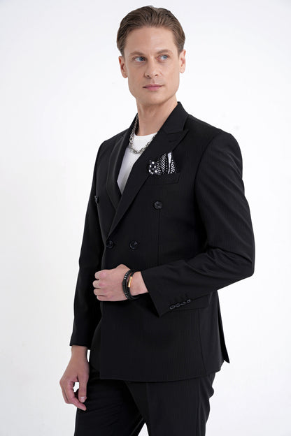 Slim Fit Çift Yırtmaç %95 Pamuk Sık Çizgili Siyah Kruvaze Takım Elbise Tk 944