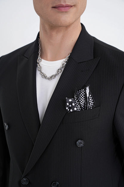 Slim Fit Çift Yırtmaç %95 Pamuk Sık Çizgili Siyah Kruvaze Takım Elbise Tk 944