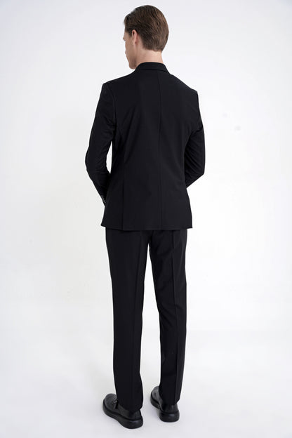 Slim Fit Çift Yırtmaç %95 Pamuk Sık Çizgili Siyah Kruvaze Takım Elbise Tk 944