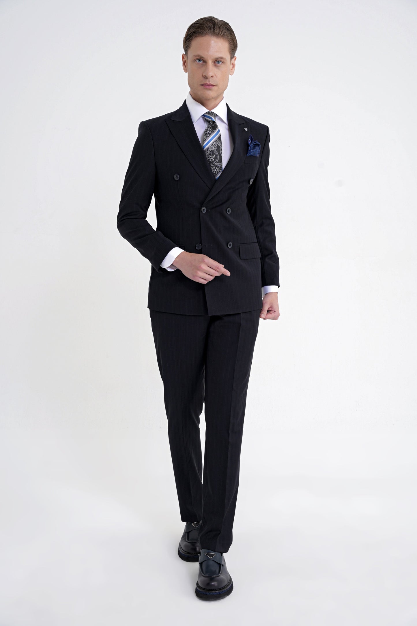 Slim Fit Çift Yırtmaç %95 Pamuk Lacivert Çizgili Kruvaze Takım Elbise Tk 945