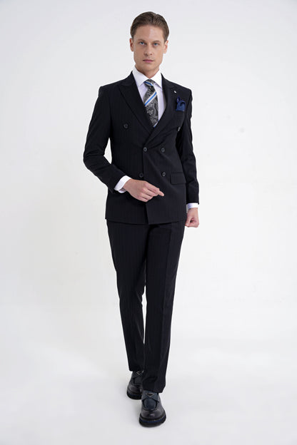 Slim Fit Çift Yırtmaç %95 Pamuk Lacivert Çizgili Kruvaze Takım Elbise Tk 945
