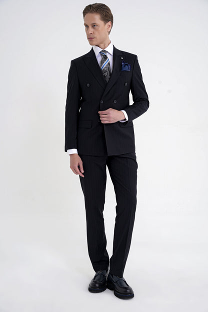 Slim Fit Çift Yırtmaç %95 Pamuk Lacivert Çizgili Kruvaze Takım Elbise Tk 945