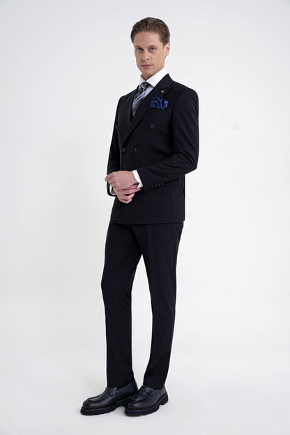 Slim Fit Çift Yırtmaç %95 Pamuk Lacivert Çizgili Kruvaze Takım Elbise Tk 945