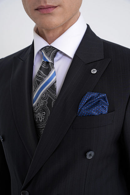 Slim Fit Çift Yırtmaç %95 Pamuk Lacivert Çizgili Kruvaze Takım Elbise Tk 945