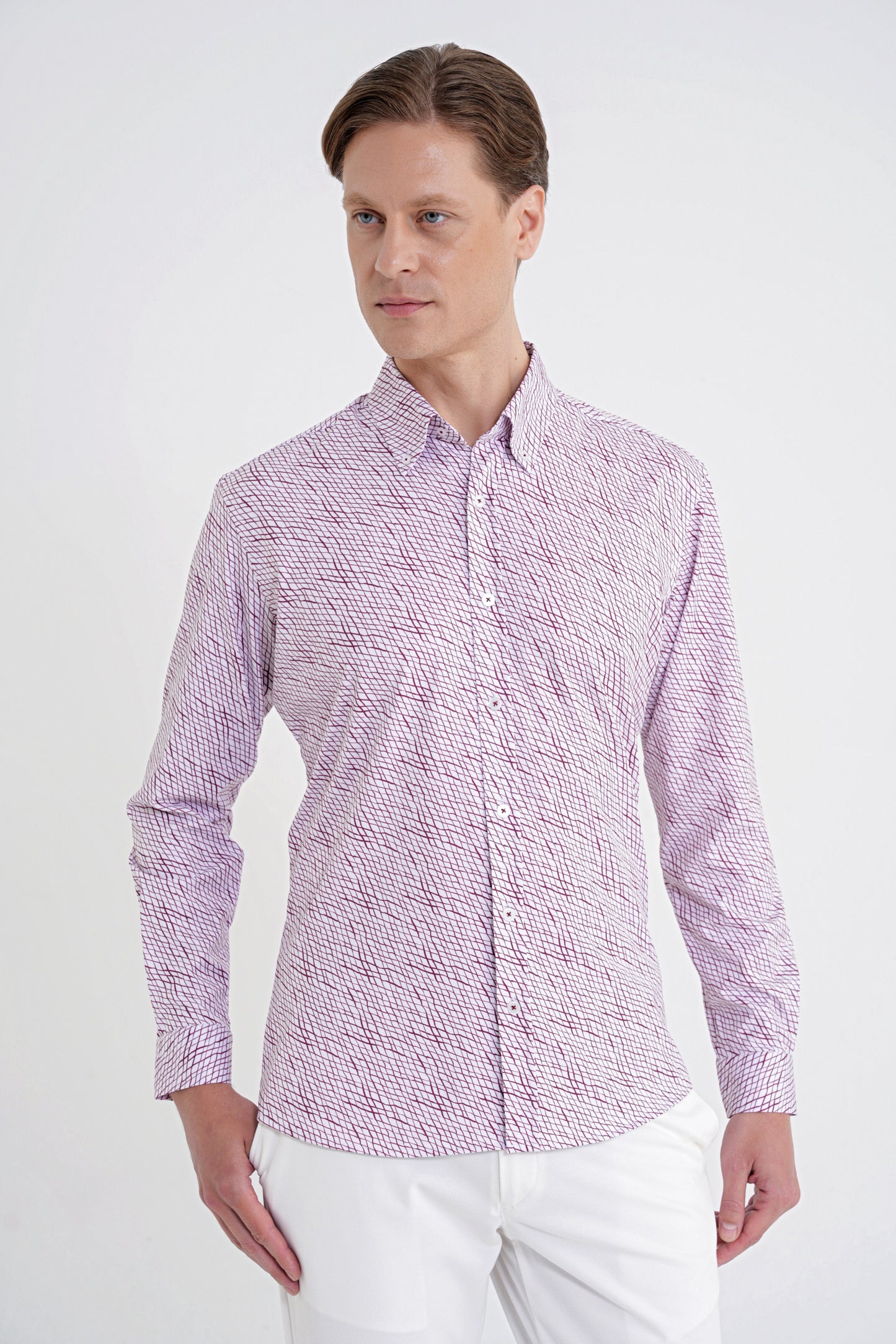 Slim Fit Pamuklu Baskılı Desen Yaka Düğmeli Bordo Gömlek G 1603