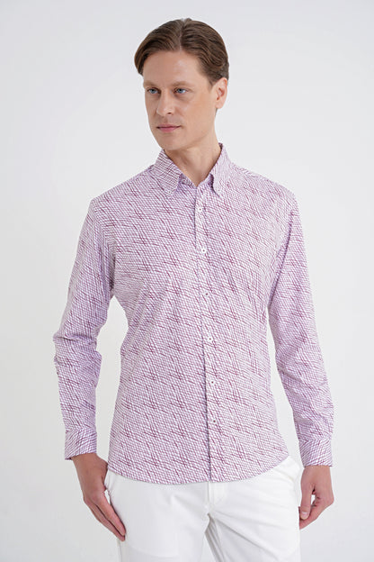 Slim Fit Pamuklu Baskılı Desen Yaka Düğmeli Bordo Gömlek G 1603