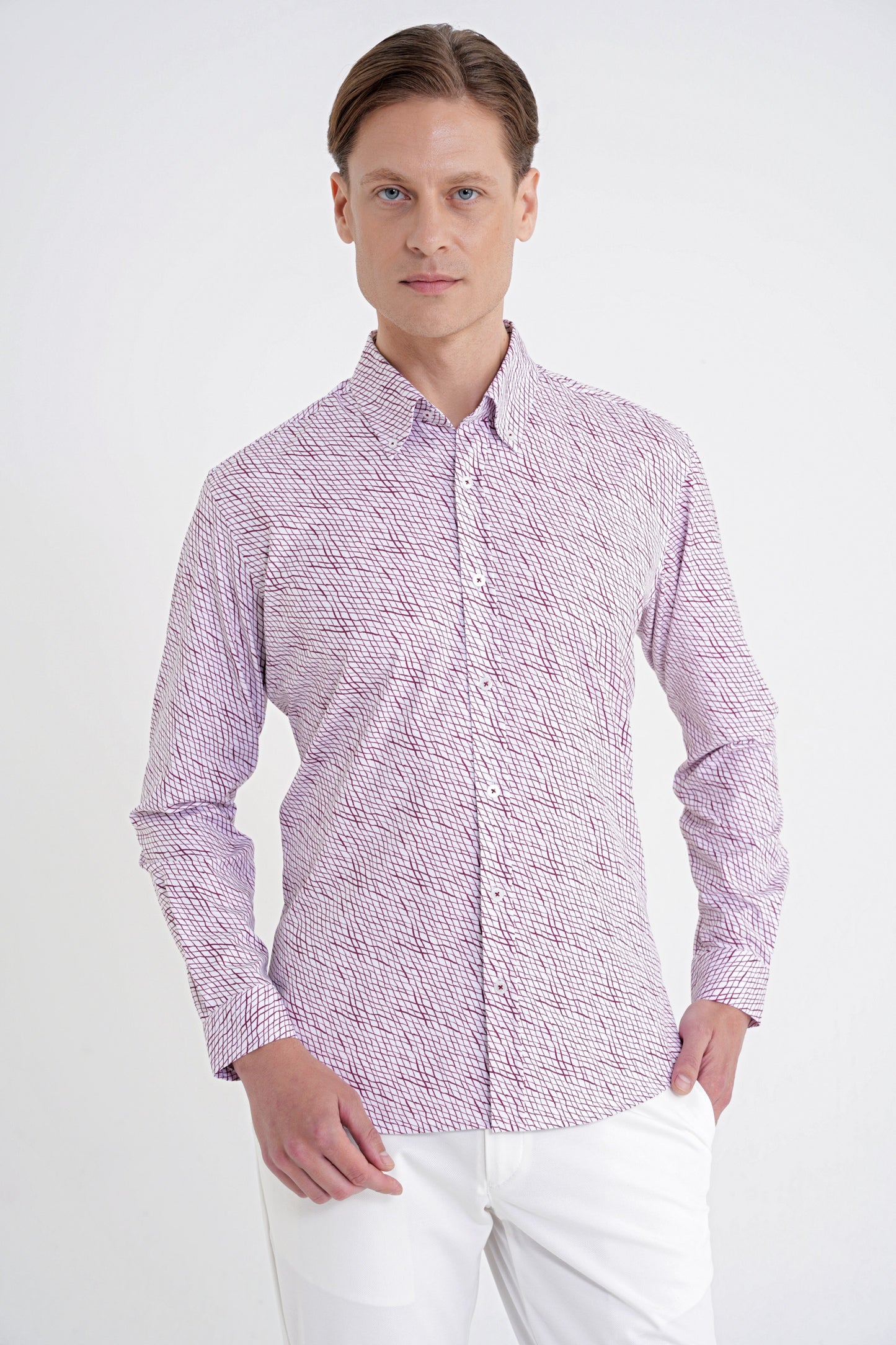 Slim Fit Pamuklu Baskılı Desen Yaka Düğmeli Bordo Gömlek G 1603