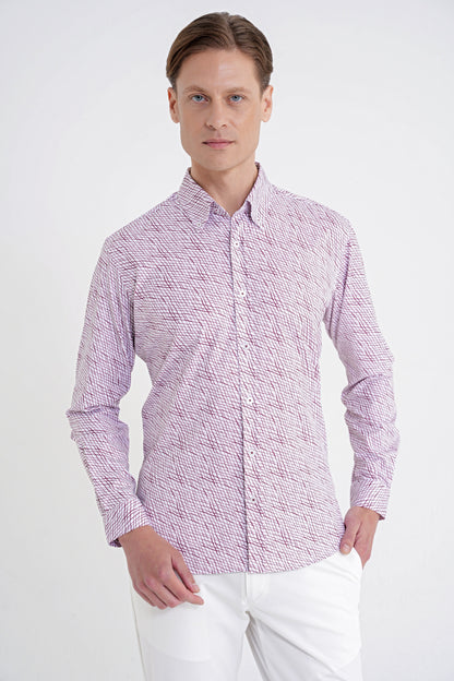 Slim Fit Pamuklu Baskılı Desen Yaka Düğmeli Bordo Gömlek G 1603