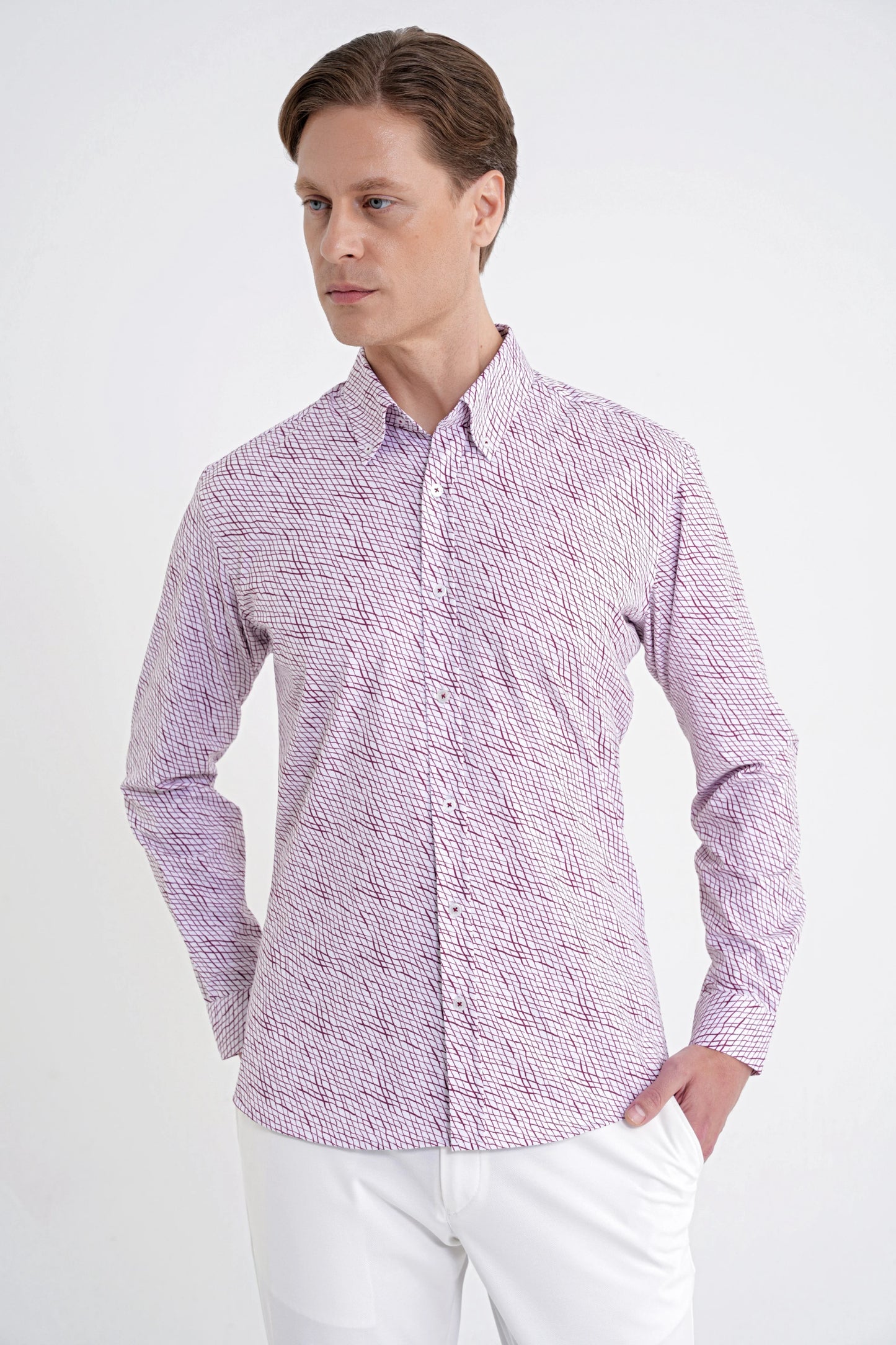 Slim Fit Pamuklu Baskılı Desen Yaka Düğmeli Bordo Gömlek G 1603