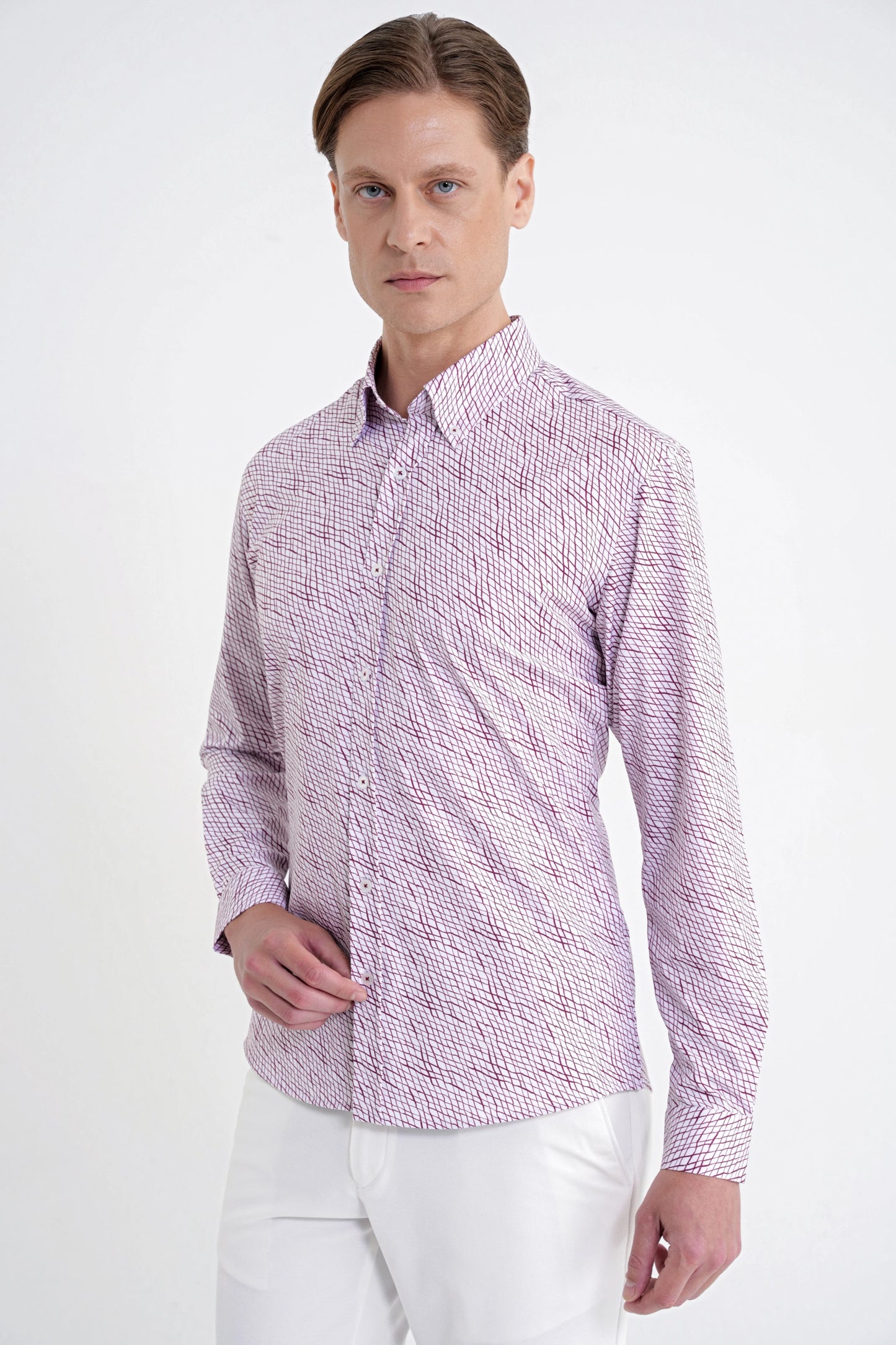 Slim Fit Pamuklu Baskılı Desen Yaka Düğmeli Bordo Gömlek G 1603
