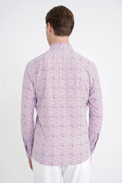 Slim Fit Pamuklu Baskılı Desen Yaka Düğmeli Bordo Gömlek G 1603