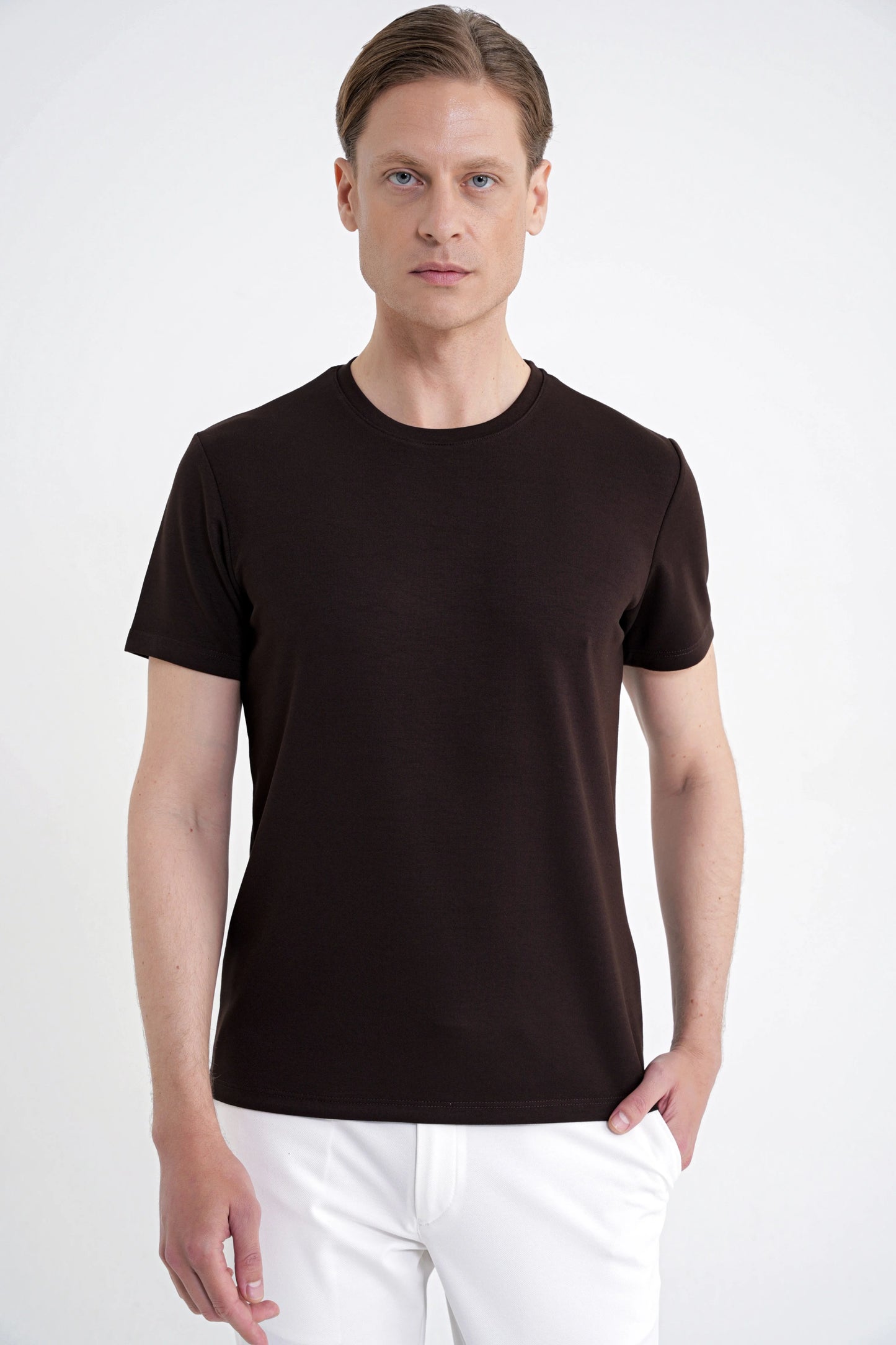 Comfort Bisiklet Yaka Düz Koton Kahverengi Ts 885 T-shirt