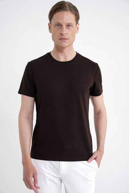 Comfort Bisiklet Yaka Düz Koton Kahverengi Ts 885 T-shirt