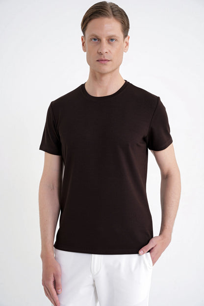 Comfort Bisiklet Yaka Düz Koton Kahverengi Ts 885 T-shirt