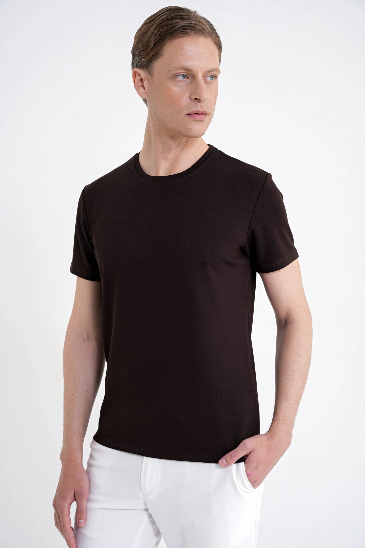 Comfort Bisiklet Yaka Düz Koton Kahverengi Ts 885 T-shirt