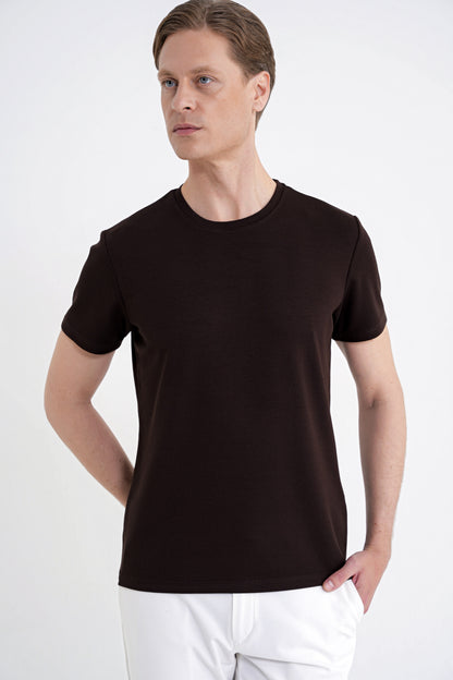 Comfort Bisiklet Yaka Düz Koton Kahverengi Ts 885 T-shirt