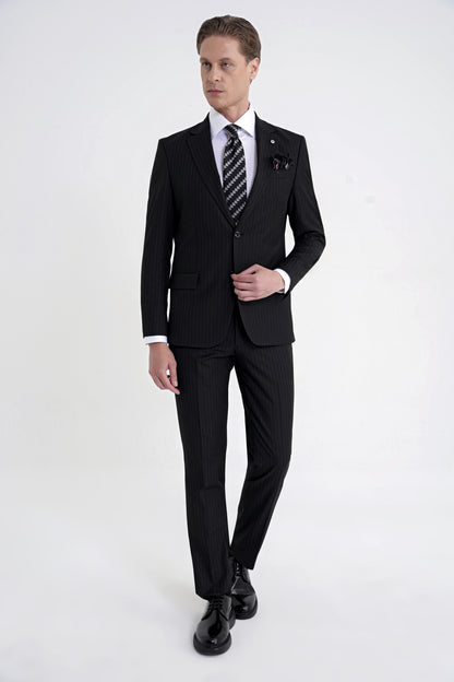Slim Fit Mono Yaka Esnek Yünlü Siyah Çizgili Takım Elbise Tk 942