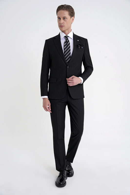 Slim Fit Mono Yaka Esnek Yünlü Siyah Çizgili Takım Elbise Tk 942
