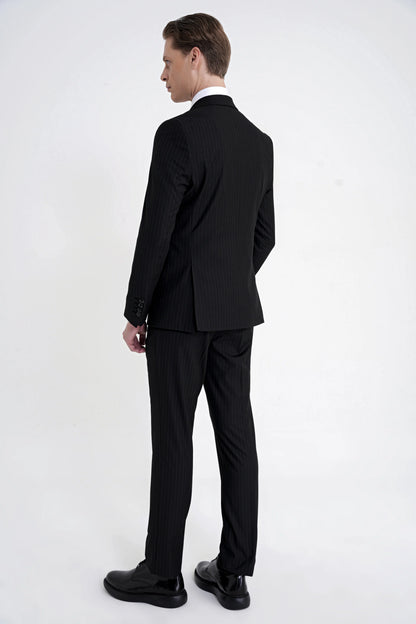 Slim Fit Mono Yaka Esnek Yünlü Siyah Çizgili Takım Elbise Tk 942