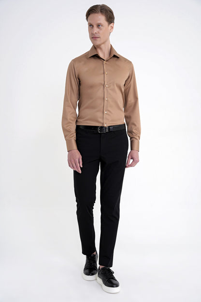 Slim Fit %100 Pamuk Non Iron Kumaş Taba Gömlek Gk 734