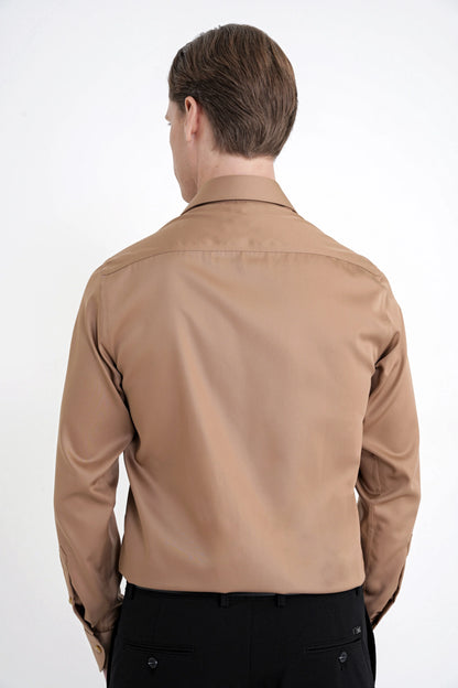Slim Fit %100 Pamuk Non Iron Kumaş Taba Gömlek Gk 734