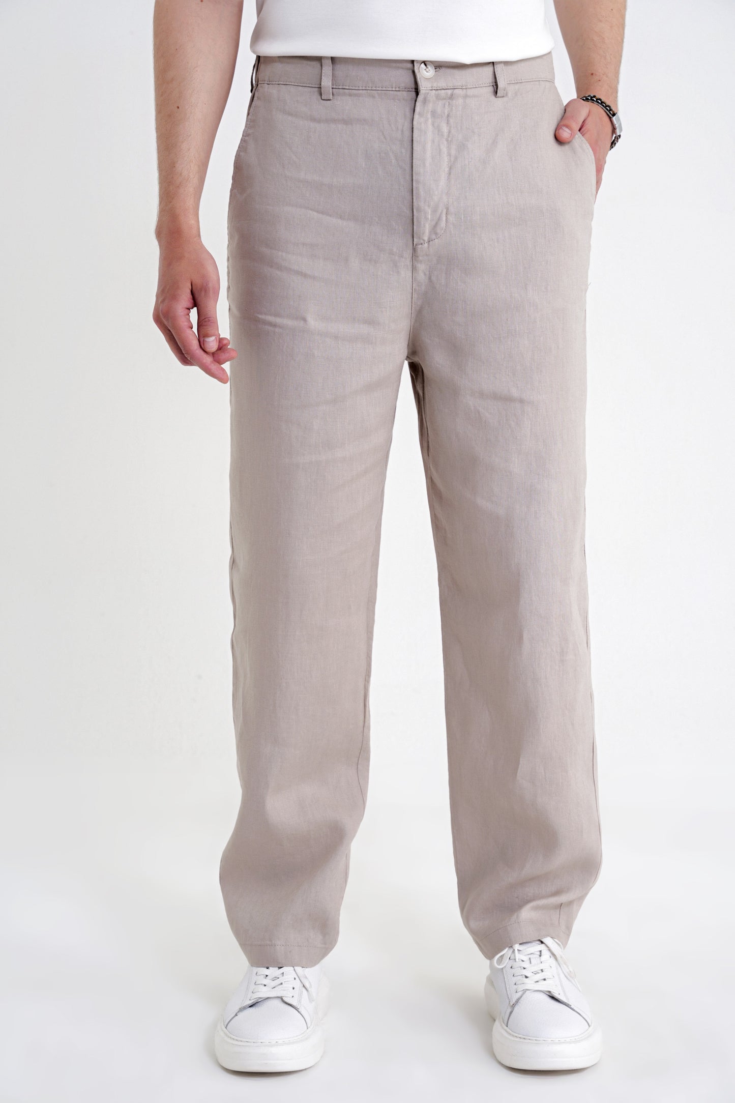 Oversize Kalıp Yan Cep Beli Lastikli Taş Keten Pantolon P 1216