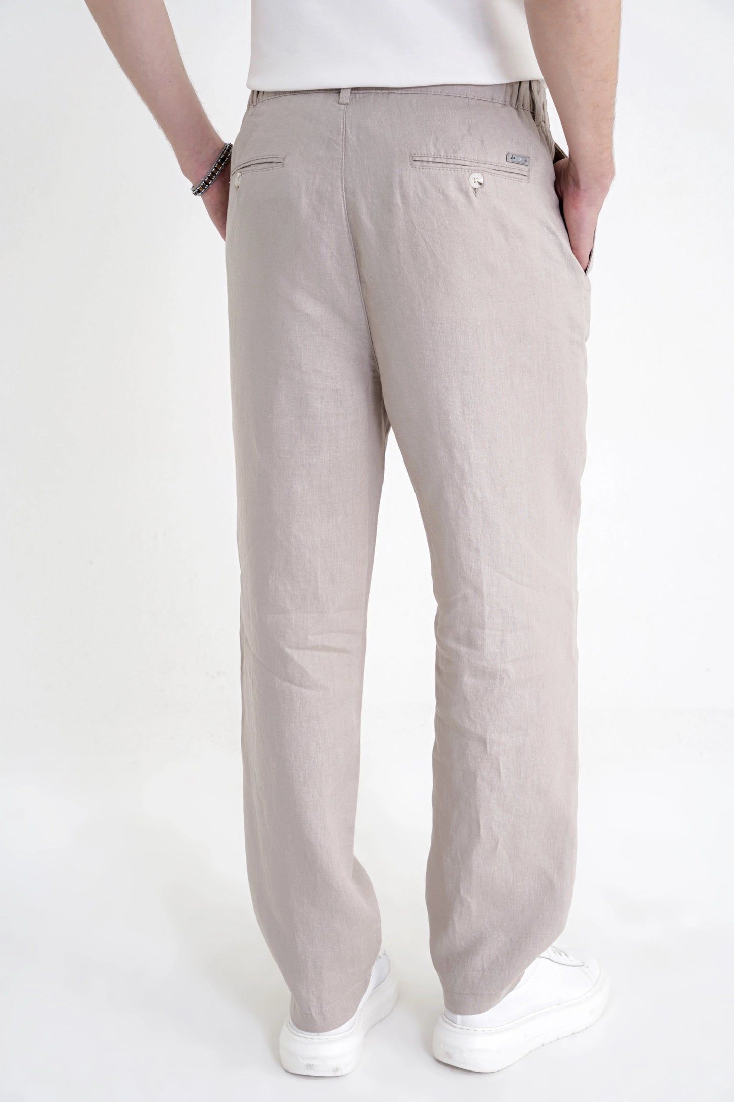 Oversize Kalıp Yan Cep Beli Lastikli Taş Keten Pantolon P 1216