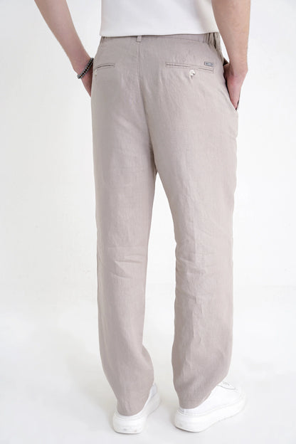 Oversize Kalıp Yan Cep Beli Lastikli Taş Keten Pantolon P 1216