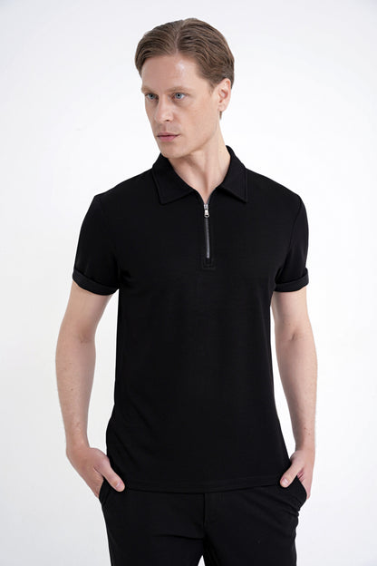 Slim Fit Esnek Pamuklu Fermuarlı Siyah Polo Yaka Tişört Ts 926