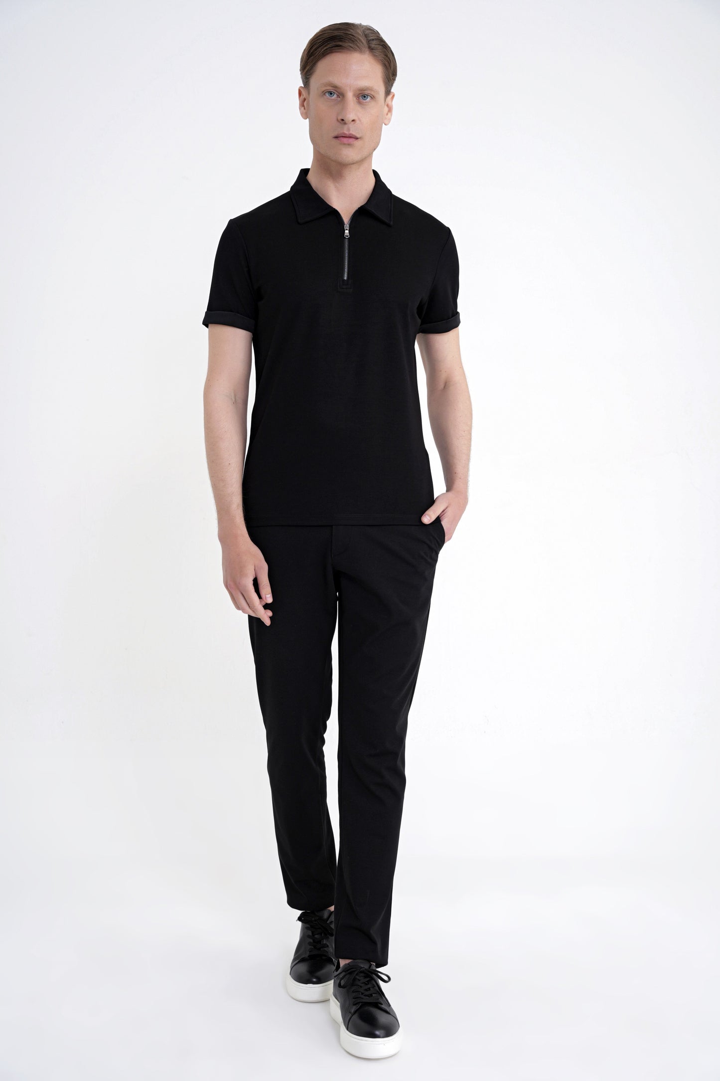 Slim Fit Esnek Pamuklu Fermuarlı Siyah Polo Yaka Tişört Ts 926