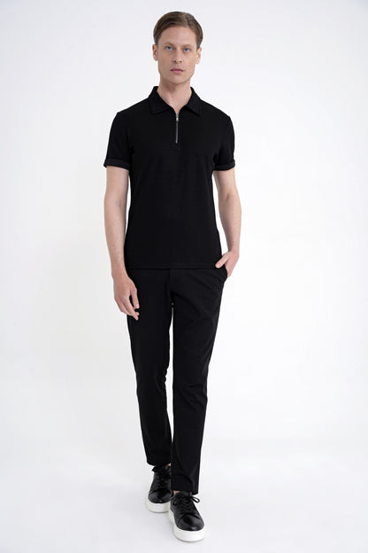 Slim Fit Esnek Pamuklu Fermuarlı Siyah Polo Yaka Tişört Ts 926