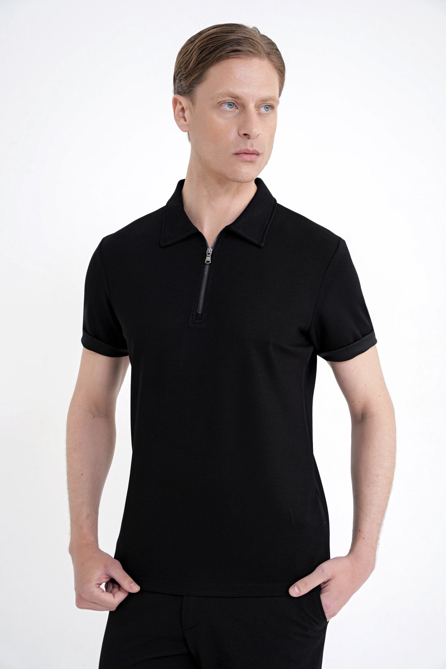 Slim Fit Esnek Pamuklu Fermuarlı Siyah Polo Yaka Tişört Ts 926