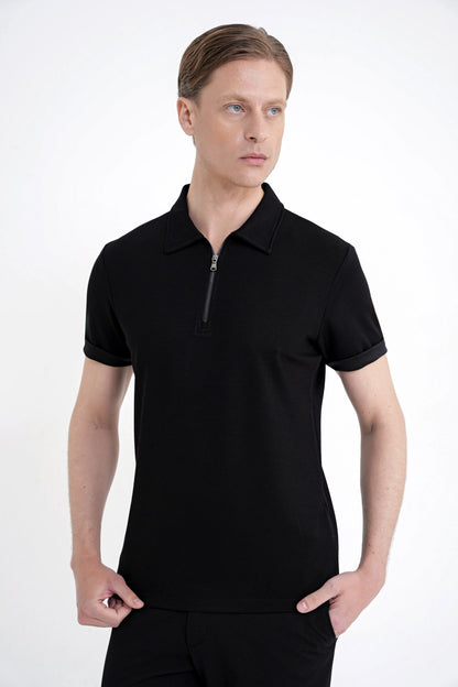 Slim Fit Esnek Pamuklu Fermuarlı Siyah Polo Yaka Tişört Ts 926