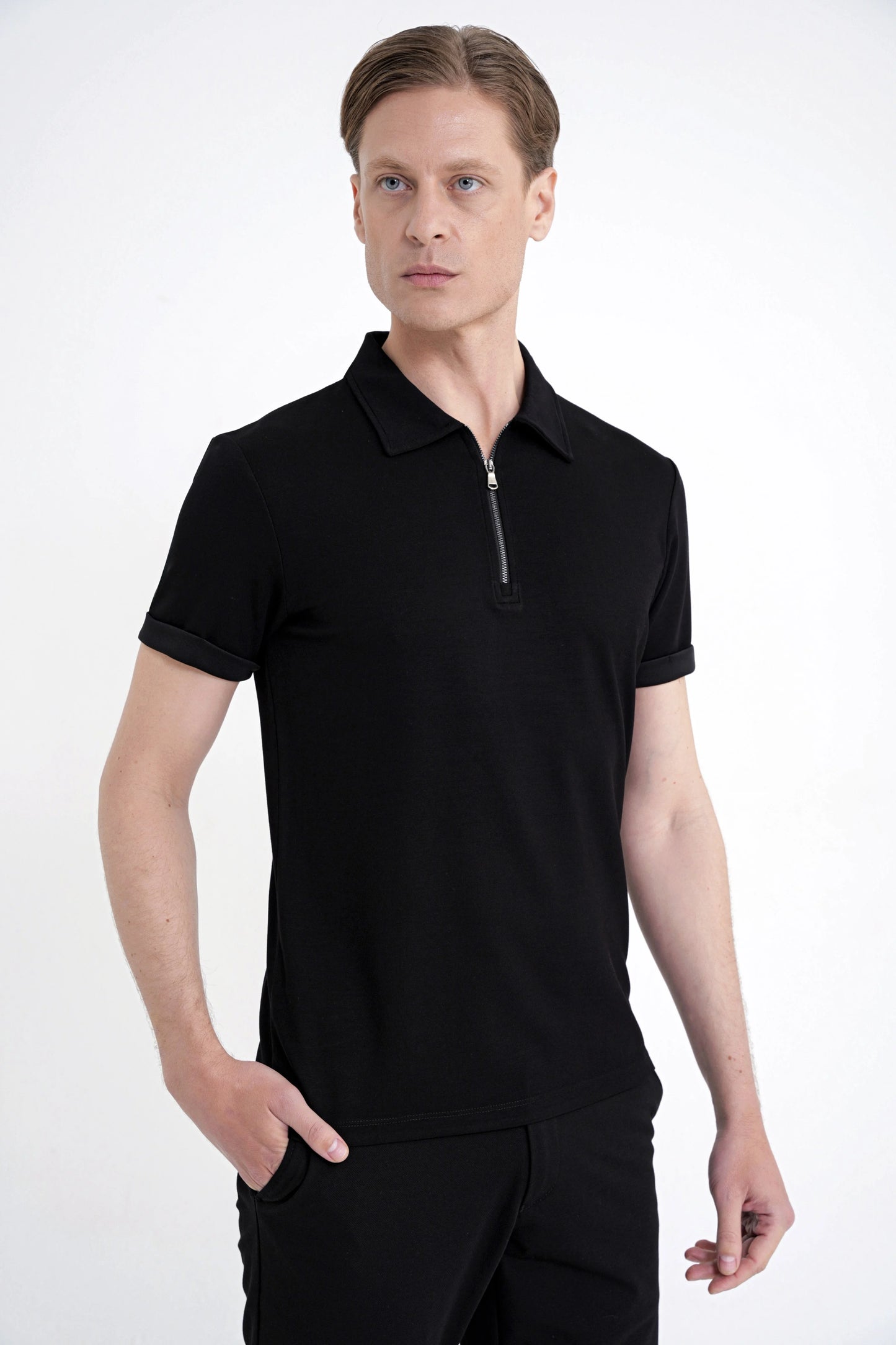 Slim Fit Esnek Pamuklu Fermuarlı Siyah Polo Yaka Tişört Ts 926
