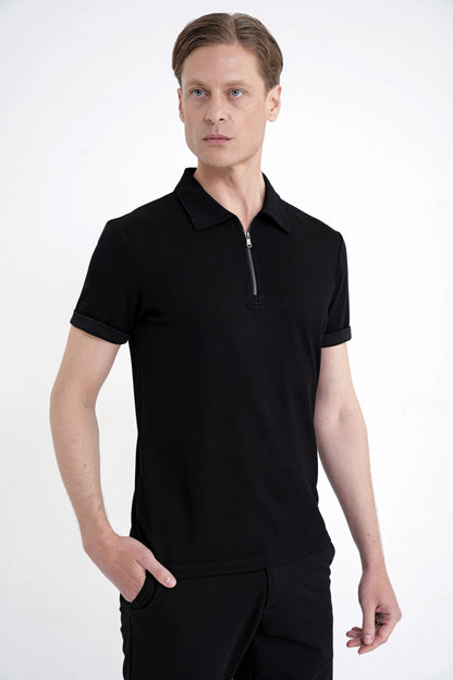 Slim Fit Esnek Pamuklu Fermuarlı Siyah Polo Yaka Tişört Ts 926