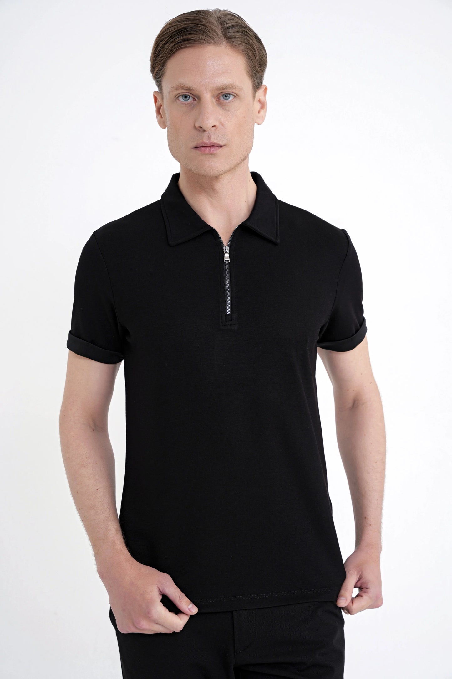 Slim Fit Esnek Pamuklu Fermuarlı Siyah Polo Yaka Tişört Ts 926