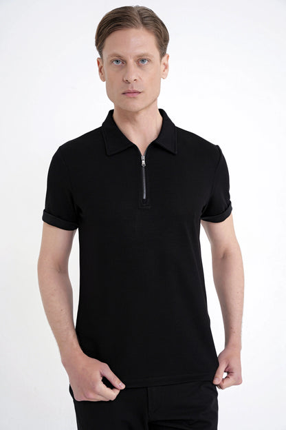 Slim Fit Esnek Pamuklu Fermuarlı Siyah Polo Yaka Tişört Ts 926