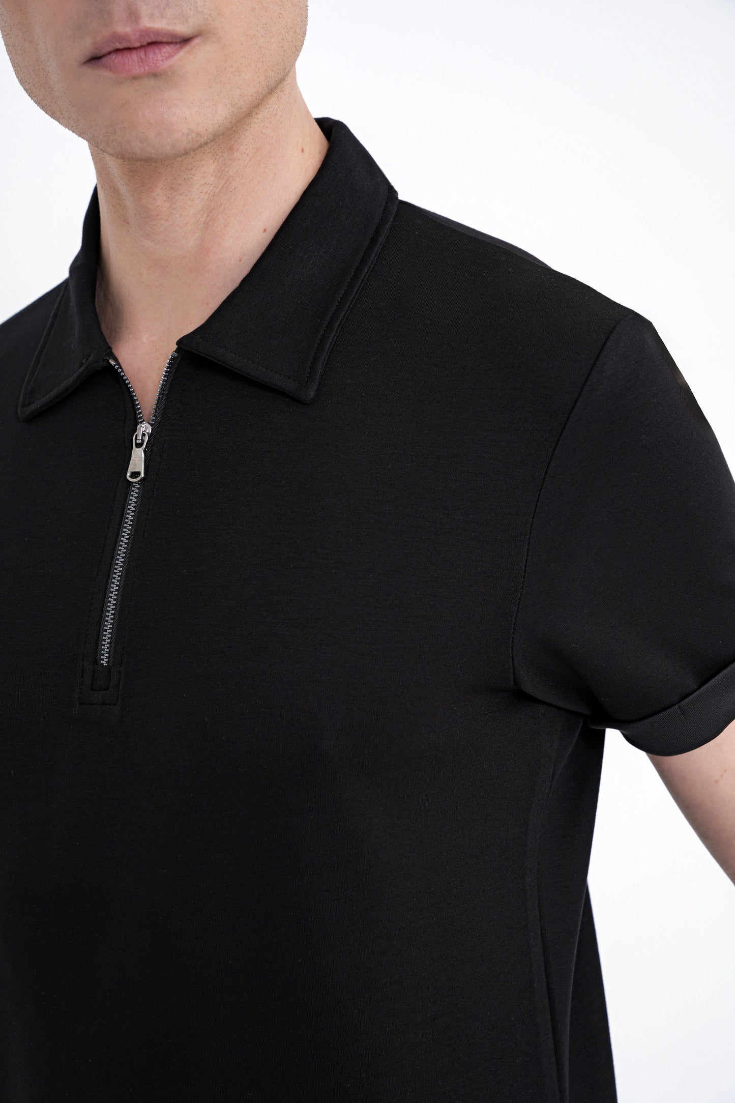 Slim Fit Esnek Pamuklu Fermuarlı Siyah Polo Yaka Tişört Ts 926